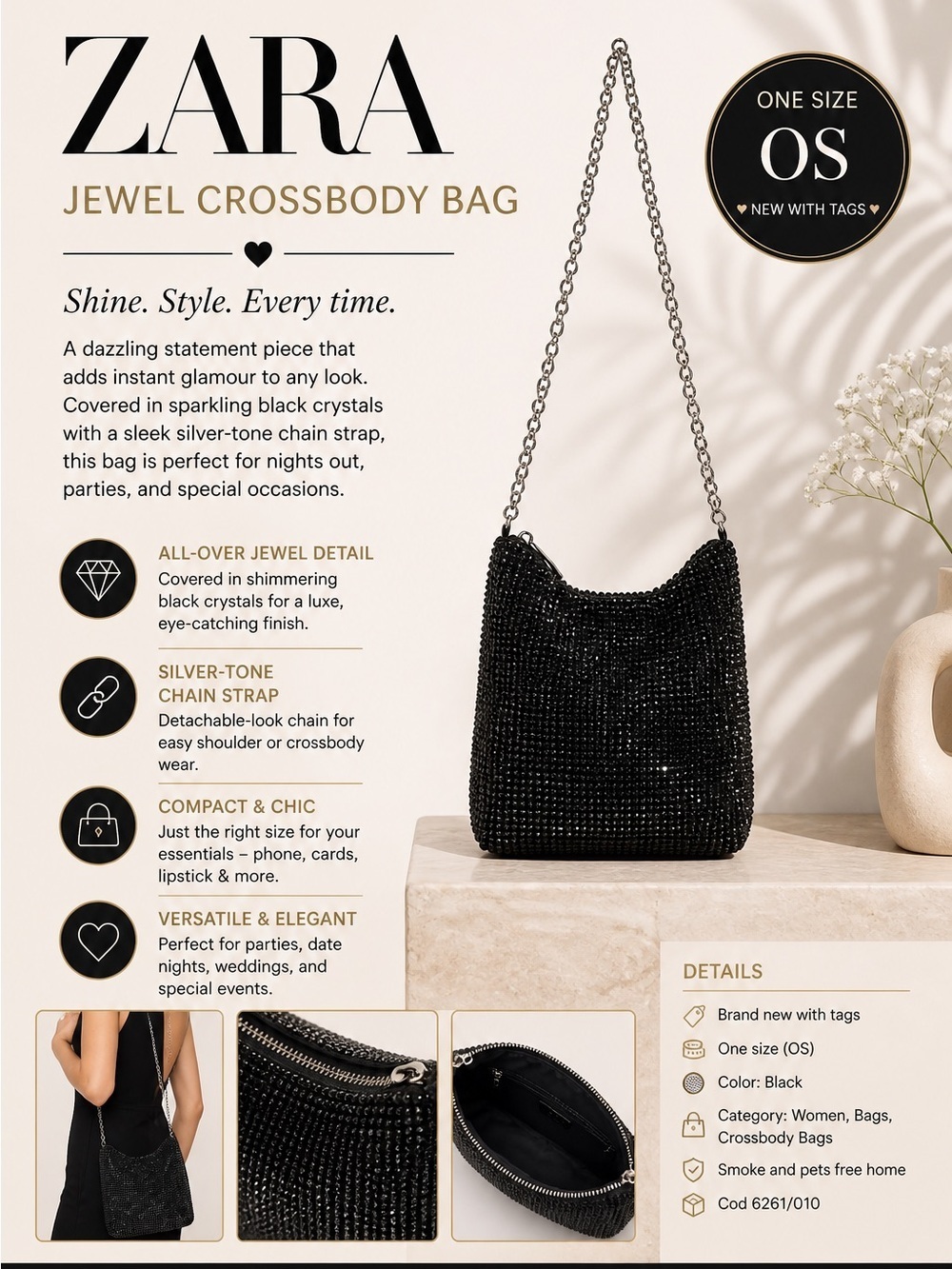 ZARA Black Jewel Crossbody Bag OS NWT Crystal Mesh Evening Bag Chain Strap